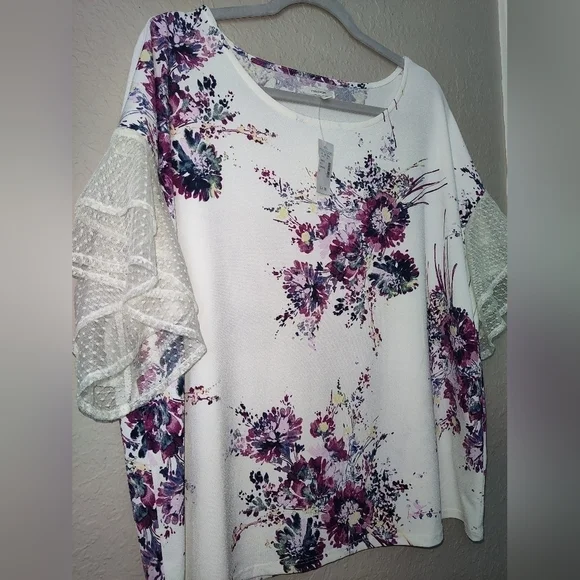 Maurices Blouse Floral Polyester Spandex Nylon Mesh Ivory Purple Scoop Sz 0 (xs) - Picture 3 of 8
